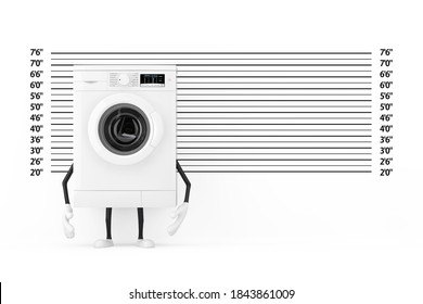 Modern White Washing Machine Character Mascot In Front Of Police Lineup Or Mugshot Background Extreme Closeup. 3d Rendering