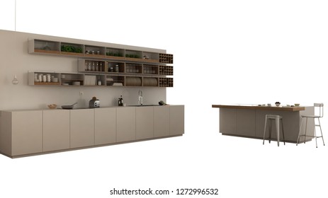 Modern White And Wooden Kitchen With Island And Stools, Interior Design Concept Idea, Isolated On White Background With Copy Space, Modern Furniture, 3d Illustration