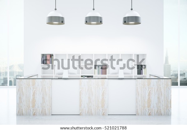 Modern White Wooden Reception Desk Computer Stock Illustration