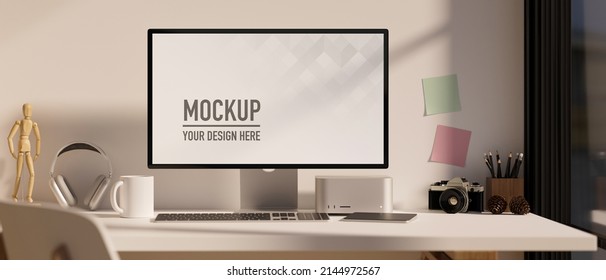 Modern White Workspace Computer Desk With Pc Computer Desktop Mockup And Office Accessories On Table Against White Wall. 3d Rendering, 3d Illustration