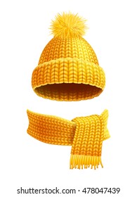 Modern winter knitted beanie hat with pompon and scarf set in yellow golden realistic pictogram  illustration 