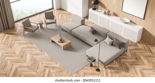 Modern Wood Living Room Interior With Beige Furniture Set And Rug, White Sideboard, Minimalist Details, Mockup Canvas And Parquet Floor. Concept Of On Trend Design. Top View. 3d Rendering