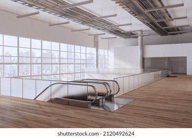 Modern Wooden And Concrete Empty Shopping Mall Interior With Escalator And Window With Panoramic City View. Large Public Interiors Concept. 3D Rendering