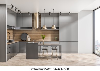 Modern Wooden And Concrete Kitchen Interior With Window And City View, Daylight, Furniture And Island. Design Concept. 3D Rendering