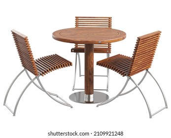 Modern Wooden Dining Set Of Table And Chairs On White Background. Chromium Base And Round Wooden Table Top. Modern Dining Chair With Wood Slats And Steel Tube Base. 3d Render