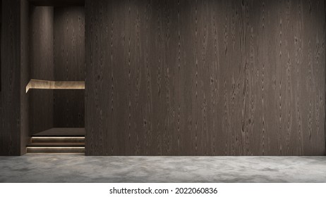 Modern Wooden Empty Interior With Blank Wall, Panel And Concrete Floor. 3d Render Illustration Mockup.