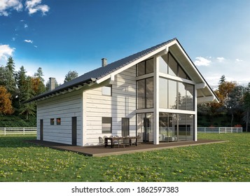 Modern Wooden House - 3D Illustration