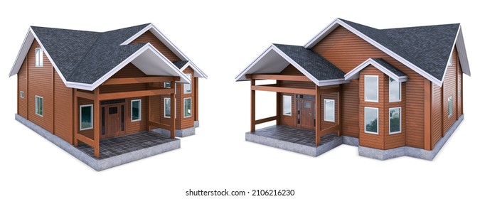 Modern wooden house with asphalt shingle roof. 3d illustration