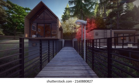 Modern Wooden House Building With Bridge Iron Railing Entrance Architectural Design 3d Illustration