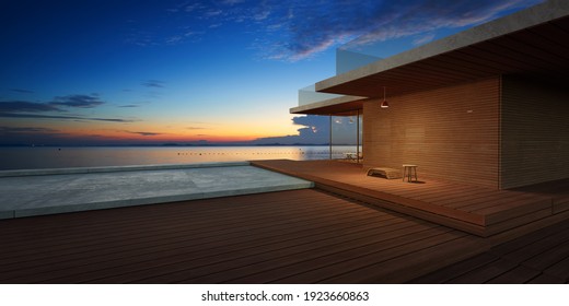 Modern wooden house exterior with cement and wooden dock platform facing a beautiful lake view. Retreat and perfect getaway concept background. Realistic photo 3d rendering.