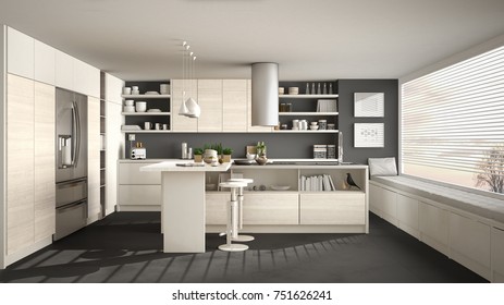 Modern Wooden Kitchen With Wooden Details And Panoramic Window, White And Gray Minimalistic Interior Design, Sunset Sunrise Panorama, 3d Illustration