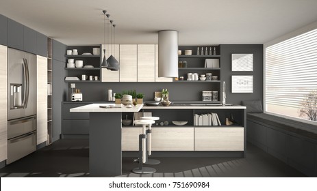 Modern Wooden Kitchen With Wooden Details And Panoramic Window, White And Gray Minimalistic Interior Design, Sunset Sunrise Panorama, 3d Illustration