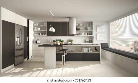 Modern Wooden Kitchen With Wooden Details And Panoramic Window, White And Gray Minimalistic Interior Design, Sunset Sunrise Panorama, 3d Illustration