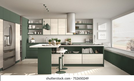 Modern Wooden Kitchen With Wooden Details And Panoramic Window, White And Green Minimalistic Interior Design, Sunset Sunrise Panorama, 3d Illustration