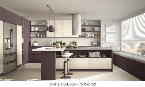 Modern Wooden Kitchen With Wooden Details And Panoramic Window, White And Red Minimalistic Interior Design, Sunset Sunrise Panorama, 3d Illustration