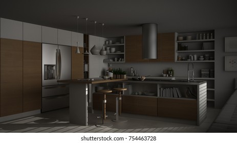 Modern Wooden Kitchen With Wooden Details,white Minimalistic Interior Design, Night Scene, 3d Illustration