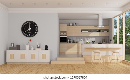 Modern Wooden Kitchen With Island, Sideboard And Large Windows - 3d Rendering