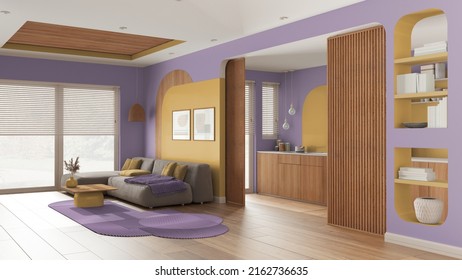 Modern wooden kitchen and living room in yellow and violet tones, sofa with carpet and side table, sliding door, shelves. Window with blinds, parquet and cane ceiling. Interior design, 3d illustration