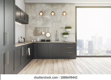 Modern Wooden Kitchen Studio Interor With City View. Design And Style Concept. 3D Rendering