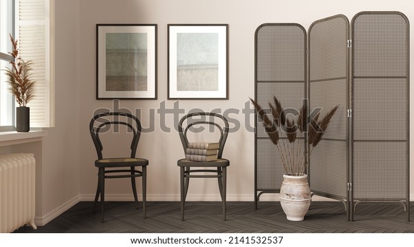 Modern wooden living room in dark tones,\
lounge, waiting room with rattan chair and booth. Herringbone\
parquet floor, window with shutters and decors. Scandinavian\
interior design, 3d\
illustration