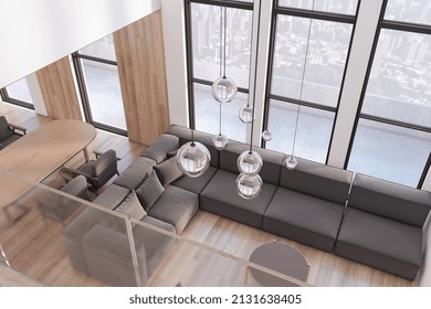 Modern wooden living room interior with window and panoramic city view, comfortable couch and dining table with chairs. Luxury design concept. 3D Rendering