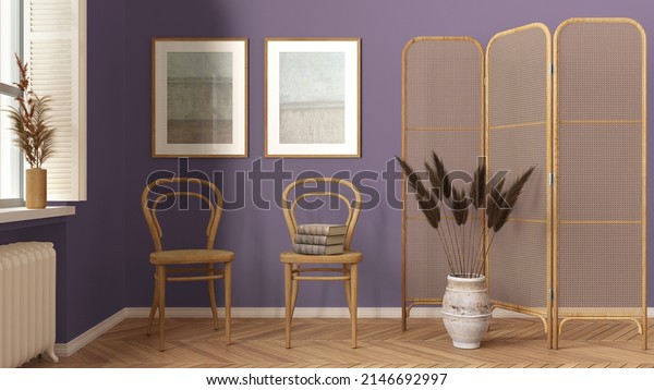 Modern wooden living room in purple tones,\
lounge, waiting room with rattan chair and booth. Herringbone\
parquet floor, window with shutters and decors. Scandinavian\
interior design, 3d\
illustration