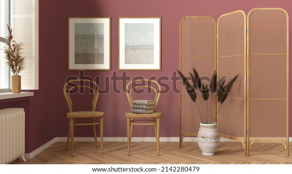 Modern wooden living room in red tones,\
lounge, waiting room with rattan chair and booth. Herringbone\
parquet floor, window with shutters and decors. Scandinavian\
interior design, 3d\
illustration