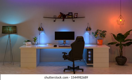Modern Work Desk With Colored Led Light - Smart Home. 3D Render
