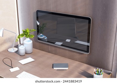 Modern workspace with computer screen, desk accessories, on a wooden desk with beige wall, concept of technology. 3D Rendering