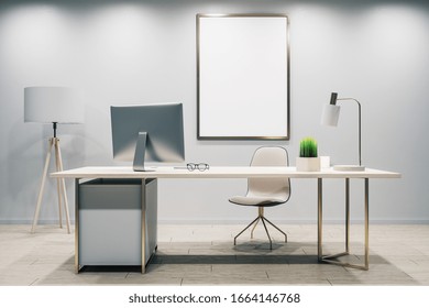 Modern Workspace Desktop With Computer On Table And Blank Banner Wall. Mock Up, 3D Rendering