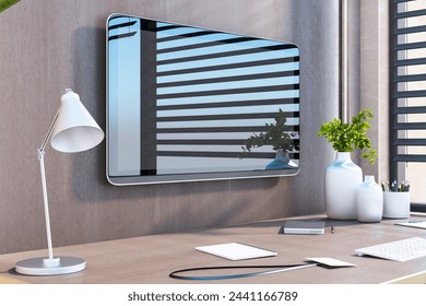Modern workspace setup with computer, lamp, and plant, minimalist design, wooden desk and wall, concept of home office. 3D Rendering