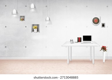 Modern workspace setup with desk, computer, and decorative elements in a minimalist room