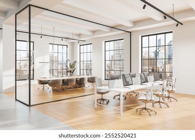 Modern workspace showing desks with chairs, a glass conference room, wooden floors, natural light, and cityscape views. Concept of productivity. 3D Rendering. - Powered by Shutterstock