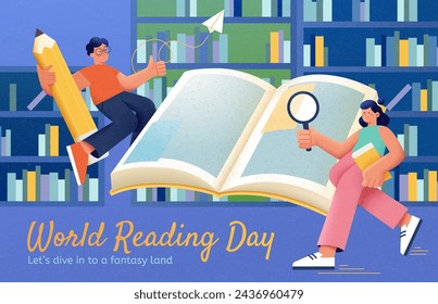 Modern World Book Day poster with students doing research around floating giant book in library. - Powered by Shutterstock