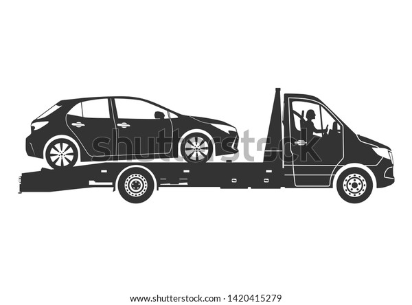 Modern wrecker. Recovery\
vehicle icon. Side view of a tow truck transporting a car.\
Raster.
