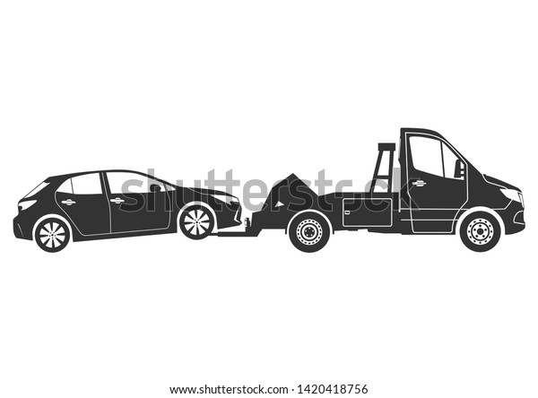 Modern wrecker. Recovery vehicle icon. Side\
view of tow truck towing a car.\
Raster.