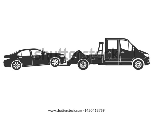 Modern wrecker. Recovery vehicle icon. Side
view of tow truck towing a car.
Raster.