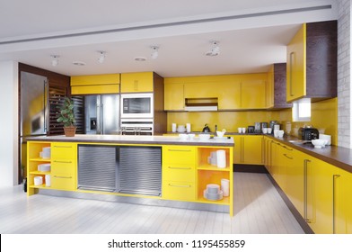 Modern Yellow Color Kitchen Interior. 3d Rendering Design Concept