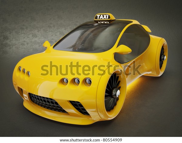 modern yellow taxi on a\
black background
