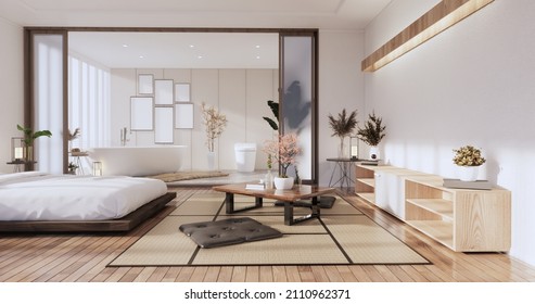 Modern Zen Bed And Decoartion Plants In Japanese Bedroom. 3D Rendering.