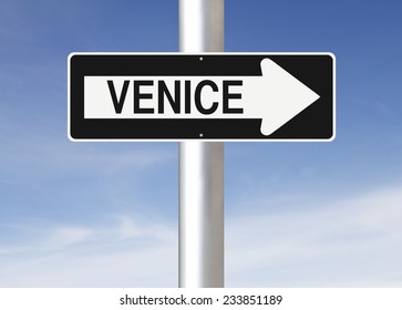 A modified one way sign indicating Venice (Italy) 