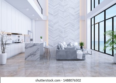 Modren living room and kitchen room  interior with sea view ,luxury home,villa ,3d render