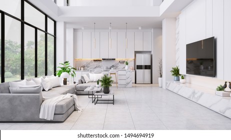 Modren Living Room And Kitchen Room  Interior ,luxury Home,villa ,3d Render