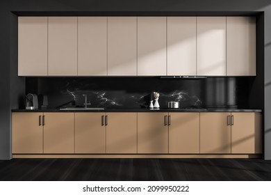 Modular Kitchen Interior With Minimalist Beige And Black Design, Marble Splashback And Wood Look Floor. Concept Of Modern House Design. 3d Rendering