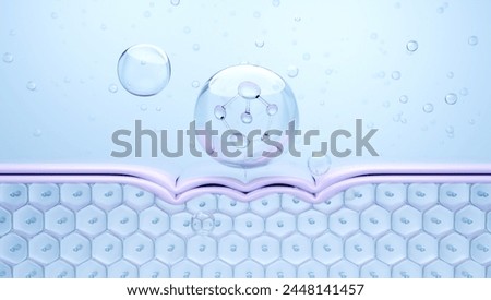 Moisturizer molecule in blue bubble, improving and rejuvenating dry, wrinkled skin. 3D rendering
