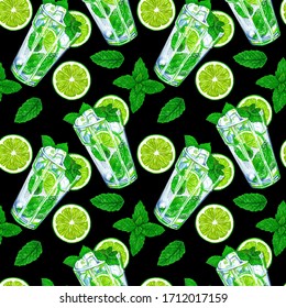 Mojito Cocktail With Mint And Lime On A Black Background. Summer Cocktail Fresh Seamless Pattern Design For Wallpaper, Paper, Packaging, Textile, Fabric.