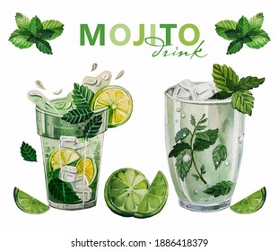 Mojito cocktails. Watercolor hand drawn illustration. Green mint. Drink with mint and lime