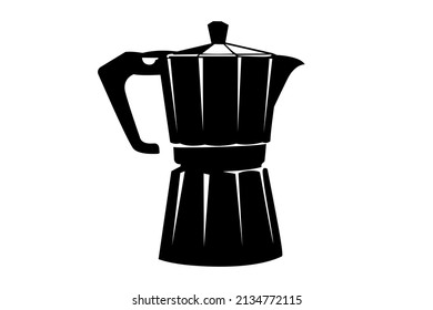 Moka Mocha Pot Illustration Clipart. Stove-top Coffee Kettle Sideview Drawing Icon. Black And White Ink Contour On A White Background.