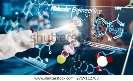 Molecular engineering: digital interface with hand, molecules, infographics, creating molecules using AI, growing molecules