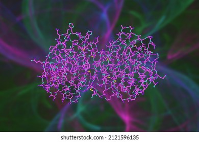 Molecular Model Of Sugar Binding Protein - Human Galectin-2 (dimer) On Colorful Background. Rendering Based On Protein Data Bank Entry 5dg2. Scientific Background. 3d Illustration